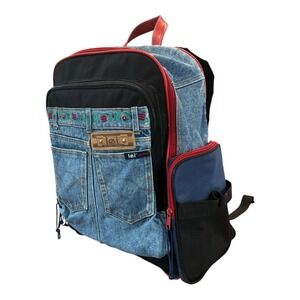 Vintage 90s  L.E.I. Y2K LEI Large Denim Blue Jean embroidered‎ backpack